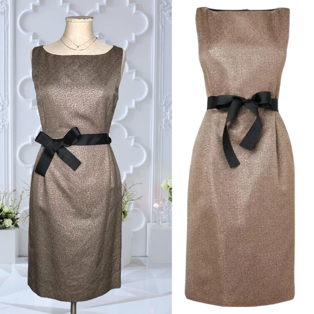 LK BENNETT UK Cerys Sheath Gold Dress Metallic Bow Tie Knee Length Cocktail Chic